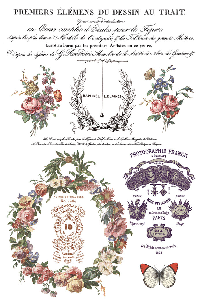 Decorative design with floral elements, text, and a butterfly on a white background by Iron Orchid Designs