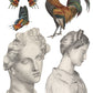Illustrations of a butterfly, rooster, and classical busts on a white background