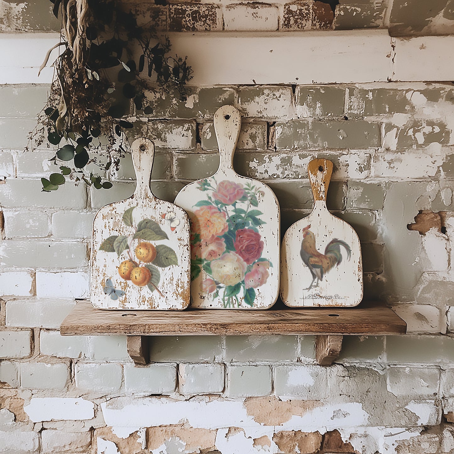 Decorative cutting boards with floral and rooster designs on a rustic shelf against a brick wall by Iron Orchid Designs