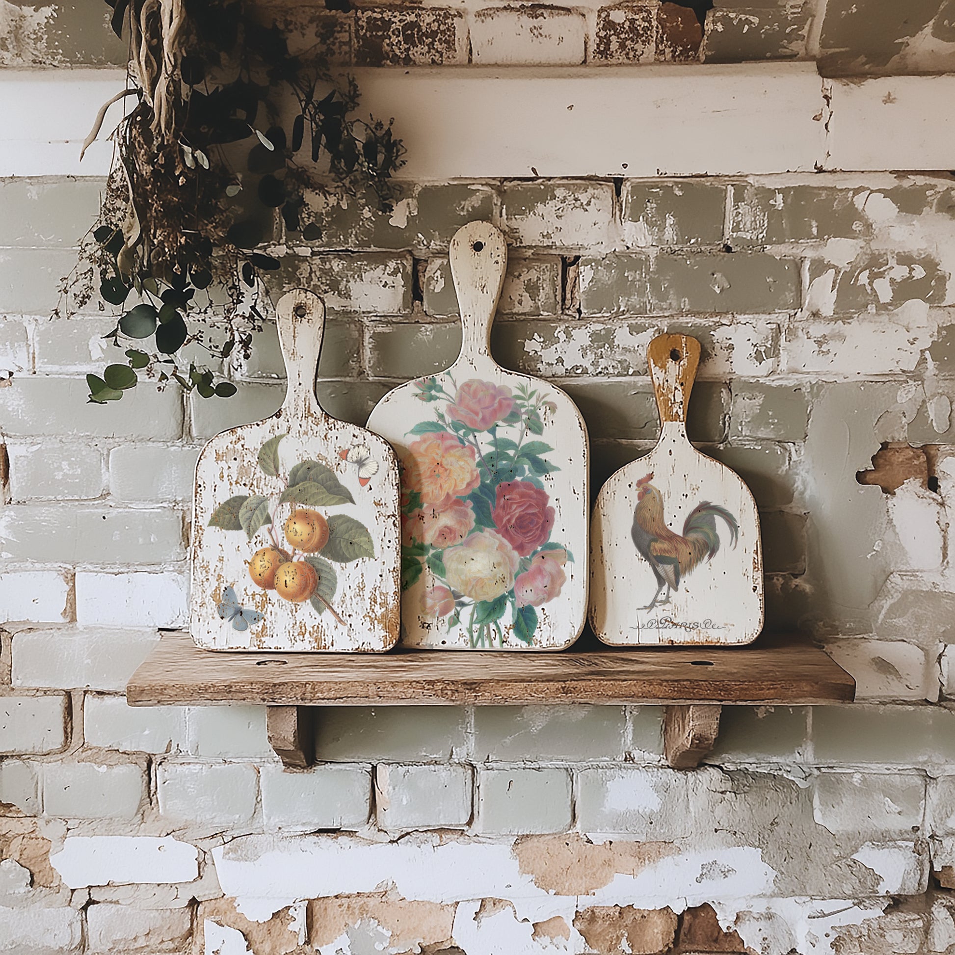 Decorative cutting boards with floral and rooster designs on a rustic shelf against a brick wall by Iron Orchid Designs