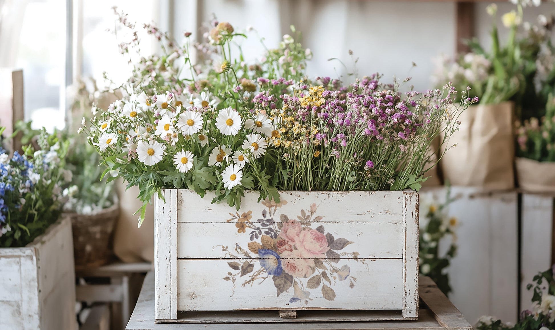 Decorative wooden planter with flowers on a table by Iron Orchid Designs