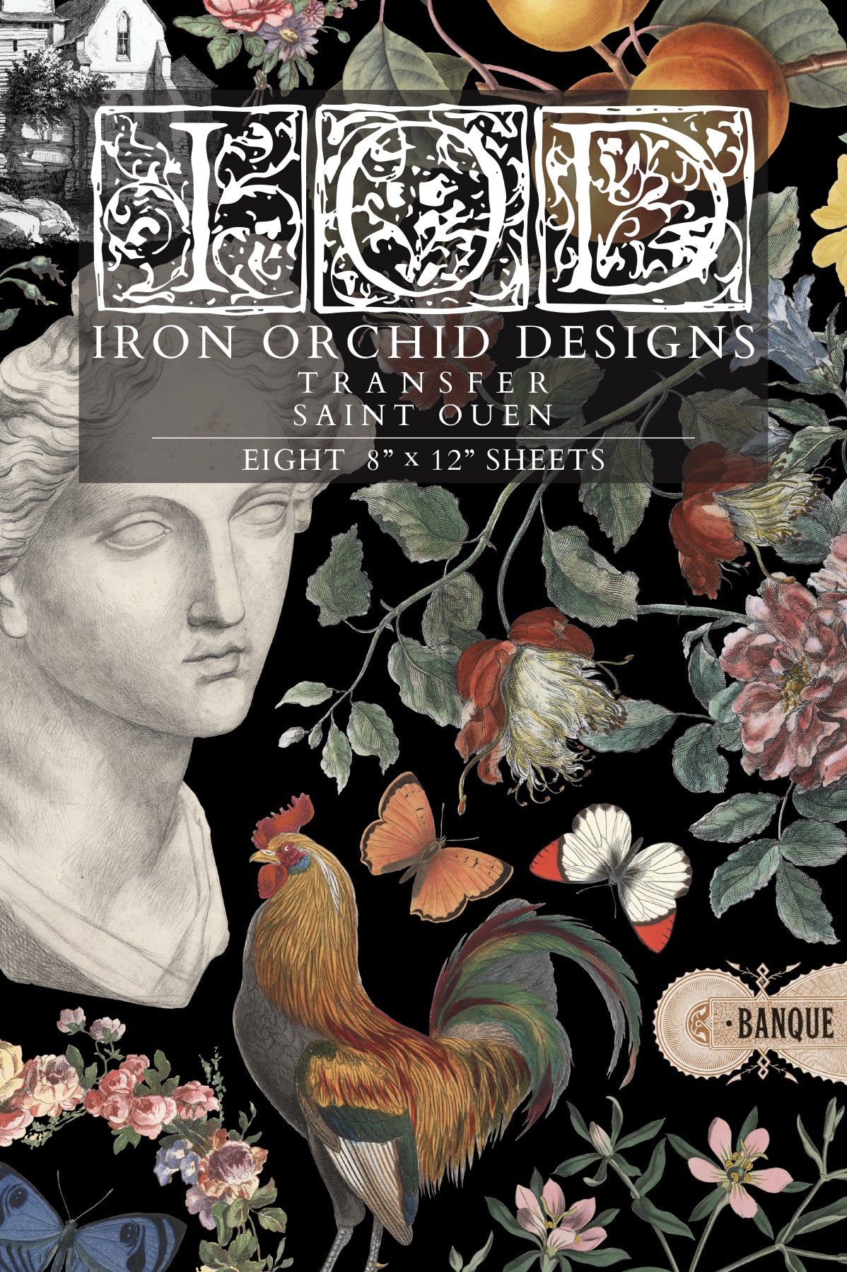 Iron Orchid Designs transfer sheet with classical design, flowers, and rooster on a black background.
