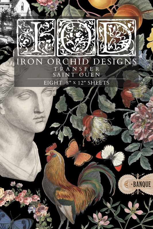 Iron Orchid Designs transfer sheet with classical design, flowers, and rooster on a black background.
