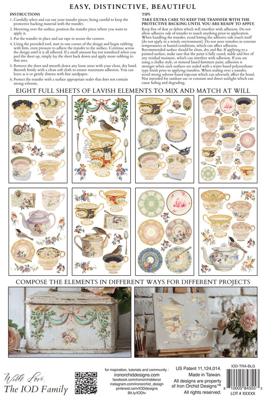 Sheet of decorative elements with teapots, birds, and other vintage-style illustrations  from Iron Orchid Designs The Belgravia transfer