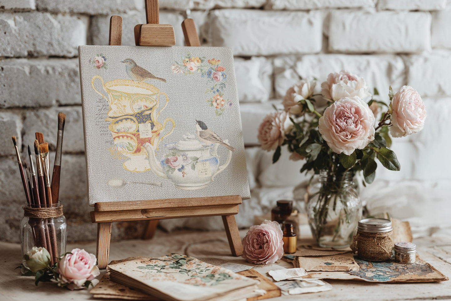 Artistic setup with teacups  from Iron Orchid Designs The Belgravia transfer on canvas on an easel, surrounded by flowers and paint brushes