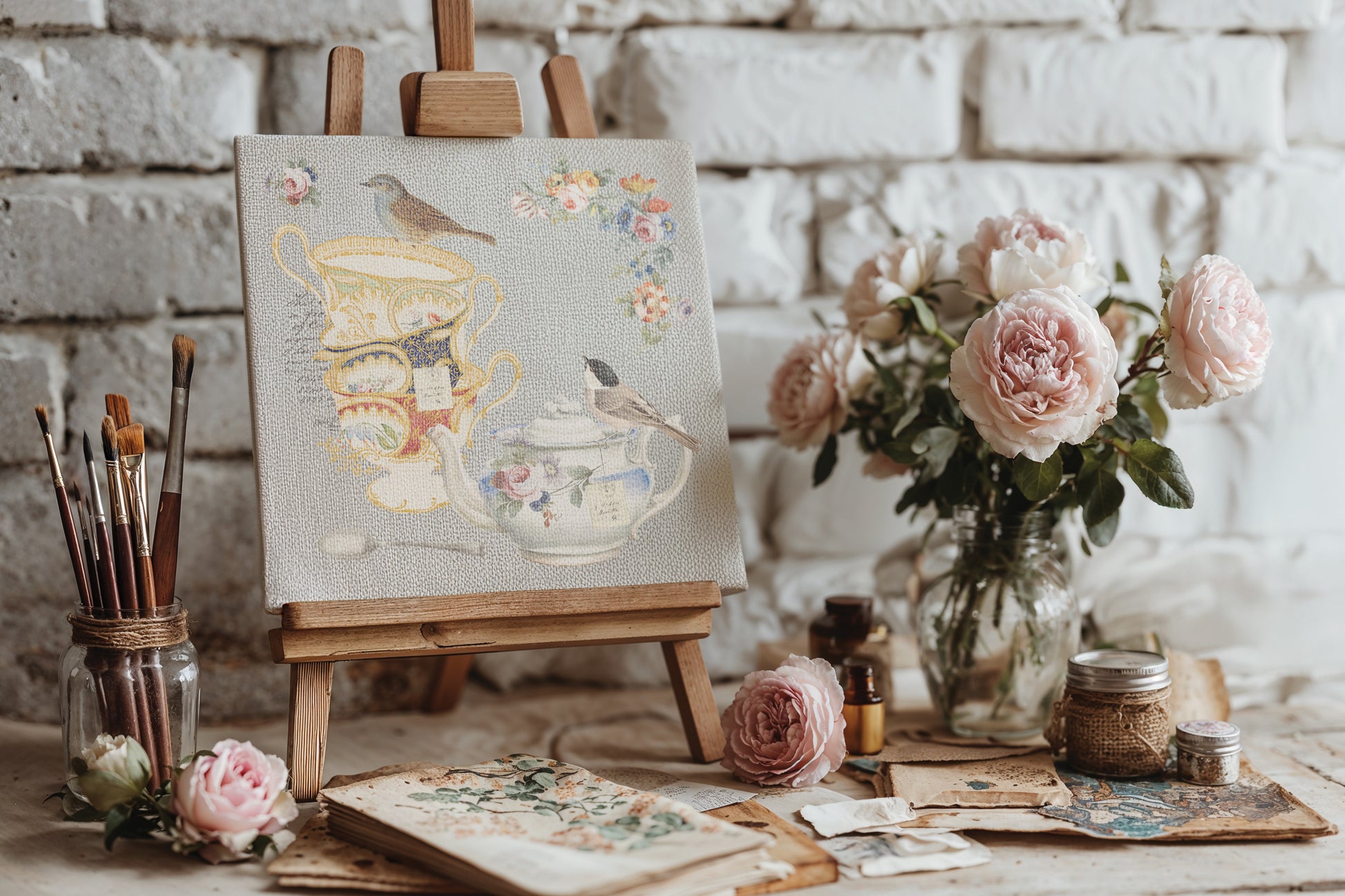 Artistic setup with teacups  from Iron Orchid Designs The Belgravia transfer on canvas on an easel, surrounded by flowers and paint brushes