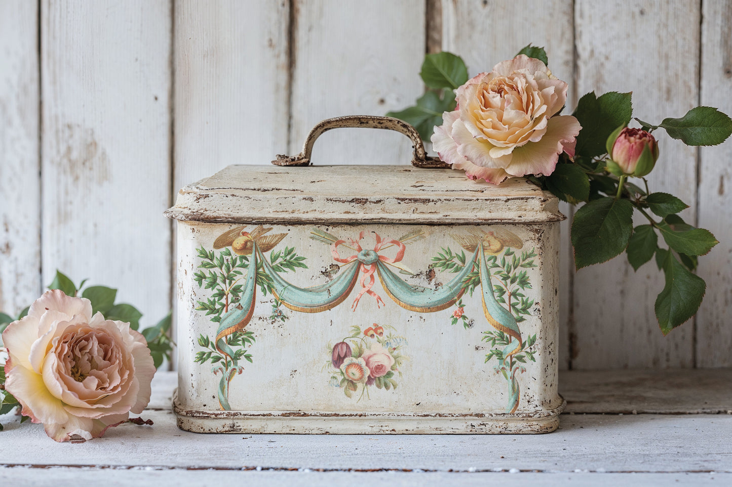 Decorative tin box with floral patterns and roses on a wooden surface  from Iron Orchid Designs The Belgravia transfer