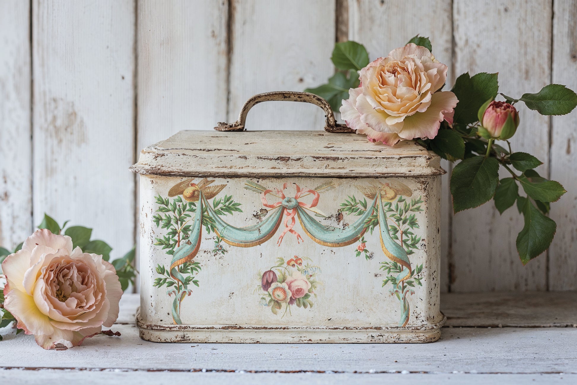 Decorative tin box with floral patterns and roses on a wooden surface  from Iron Orchid Designs The Belgravia transfer