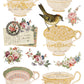 Vintage-style teacups with floral designs and a bird on a cup  from Iron Orchid Designs The Belgravia transfer