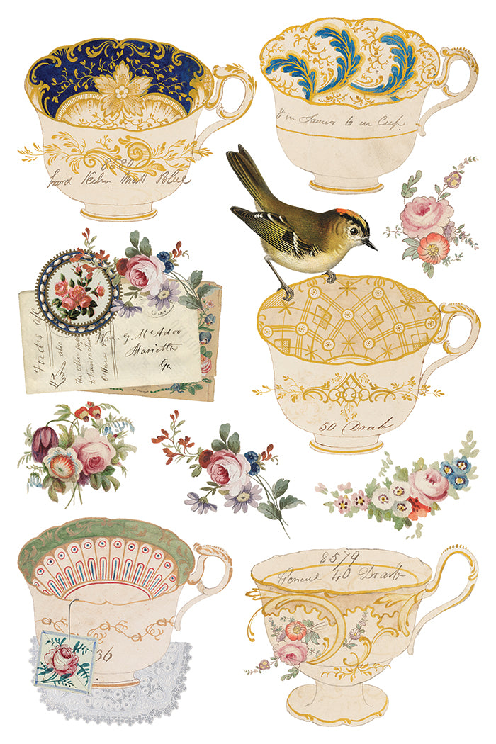 Vintage-style teacups with floral designs and a bird on a cup  from Iron Orchid Designs The Belgravia transfer