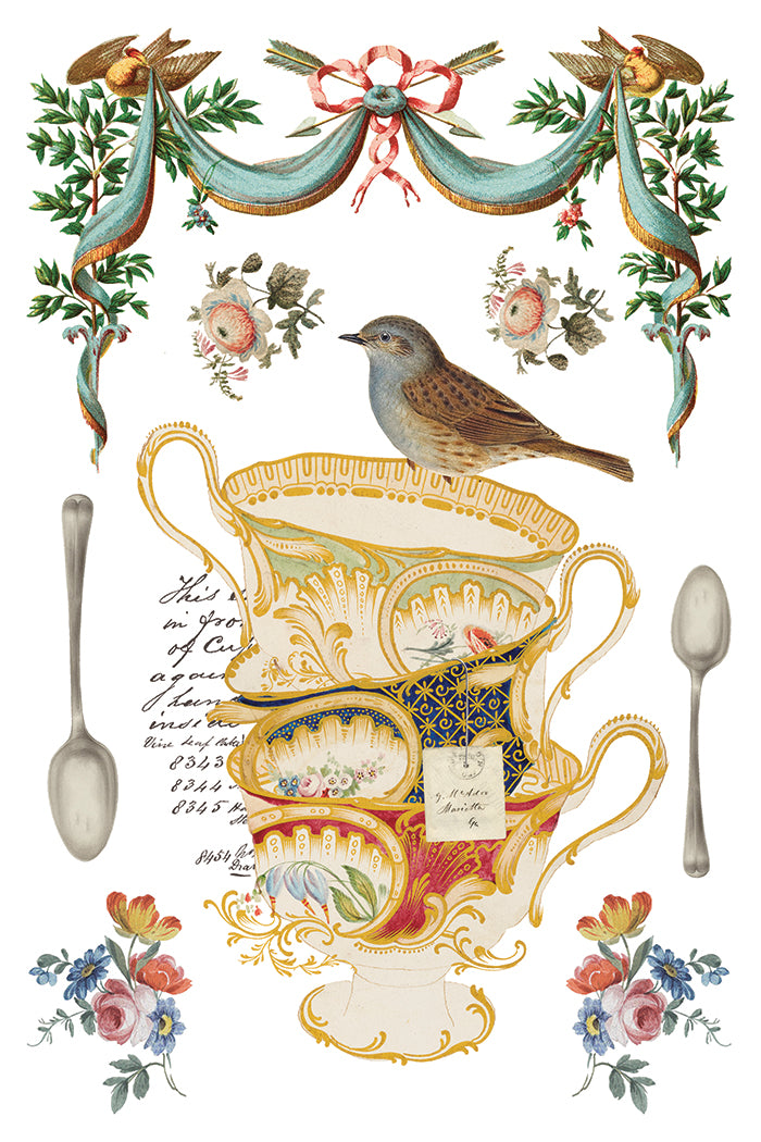 Decorative illustration of a teapot, spoons, and floral elements with a bird  from Iron Orchid Designs The Belgravia transfer