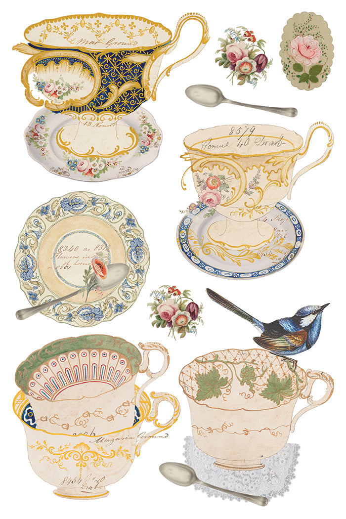 Collection of decorative teacups, saucers, and spoons with floral and intricate designs on a white background from Iron Orchid Designs The Belgravia transfer