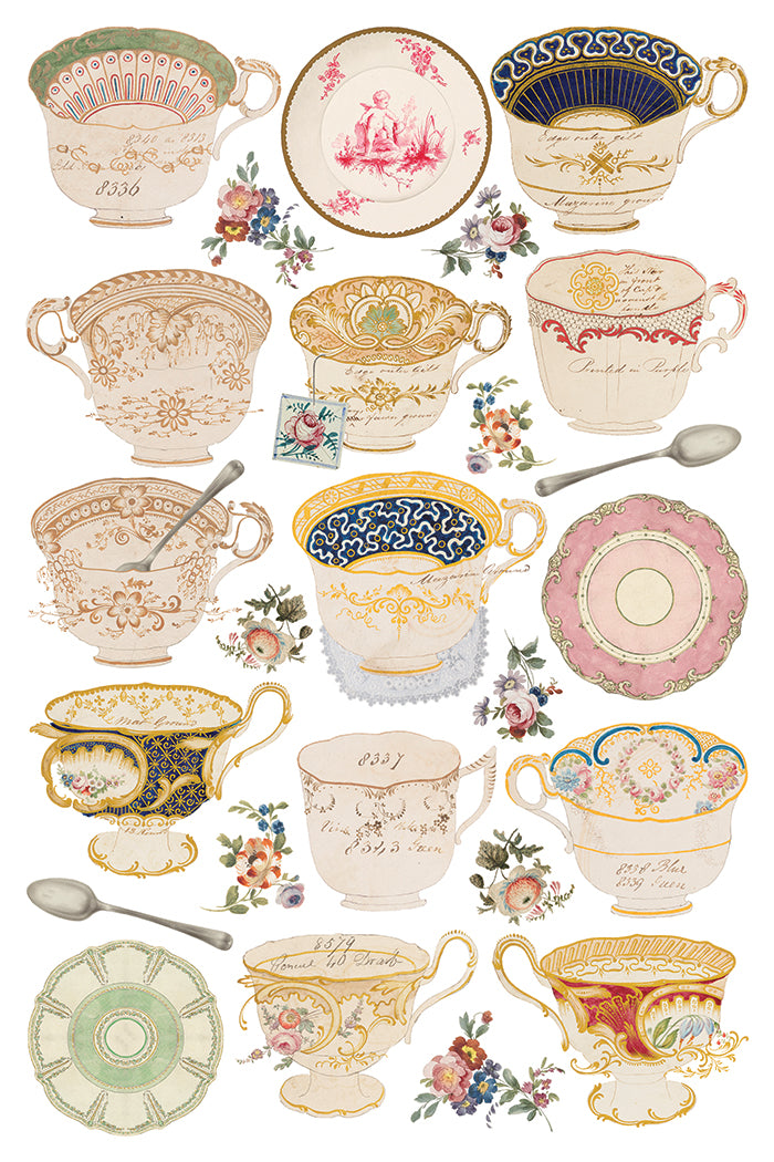 Collection of decorative teacups and saucers with floral patterns and spoons on a white background  from Iron Orchid Designs The Belgravia transfer