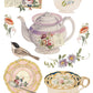 Collection of vintage-style teacups, teapot, and floral elements on a white background  from Iron Orchid Designs The Belgravia transfer