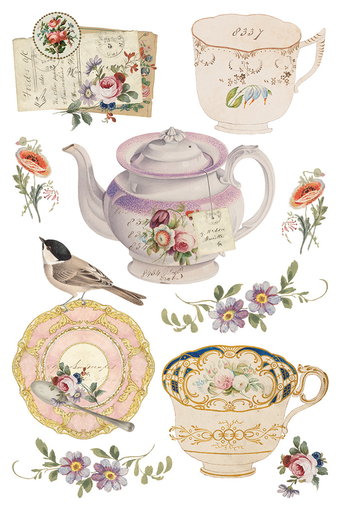 Collection of vintage-style teacups, teapot, and floral elements on a white background  from Iron Orchid Designs The Belgravia transfer