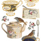 Collection of decorative teacups, teapot, birds, and floral elements on a white background  from Iron Orchid Designs The Belgravia transfer