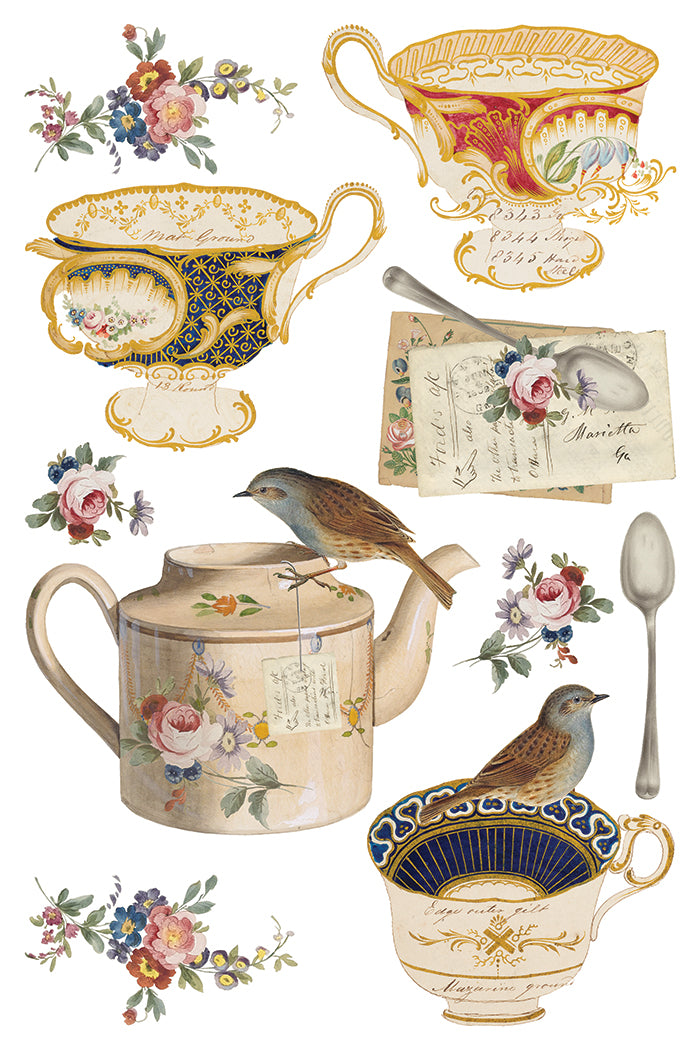 Collection of decorative teacups, teapot, birds, and floral elements on a white background  from Iron Orchid Designs The Belgravia transfer