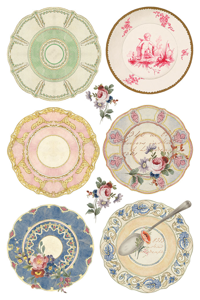 Set of decorative plates with floral and vintage designs on a white background  from Iron Orchid Designs The Belgravia transfer
