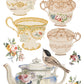 Vintage-style teacups, teapot, and floral elements on a white background  from Iron Orchid Designs The Belgravia transfer