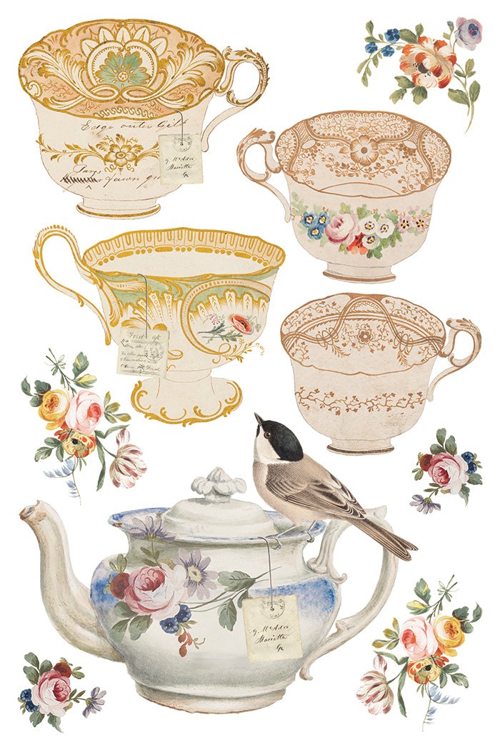 Vintage-style teacups, teapot, and floral elements on a white background  from Iron Orchid Designs The Belgravia transfer