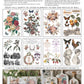 Sheet of decorative elements with flowers, butterflies, and other designs on a white background alongside instructions from Iron Orchid Designs