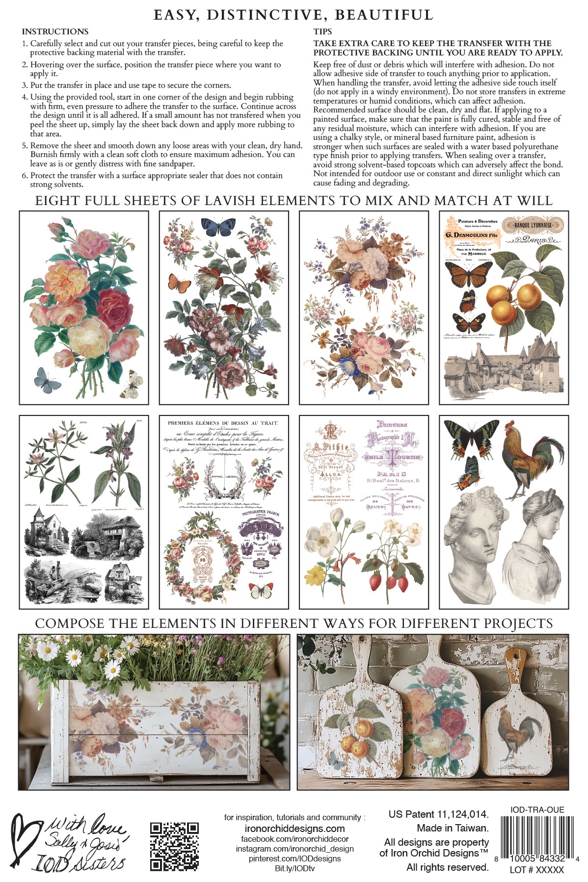 Sheet of decorative elements with flowers, butterflies, and other designs on a white background alongside instructions from Iron Orchid Designs