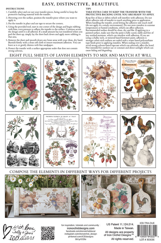 Sheet of decorative elements with flowers, butterflies, and other designs on a white background alongside instructions from Iron Orchid Designs