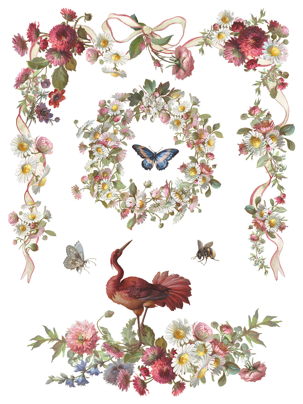 Decorative design with flowers, butterflies, and a bird on a white background