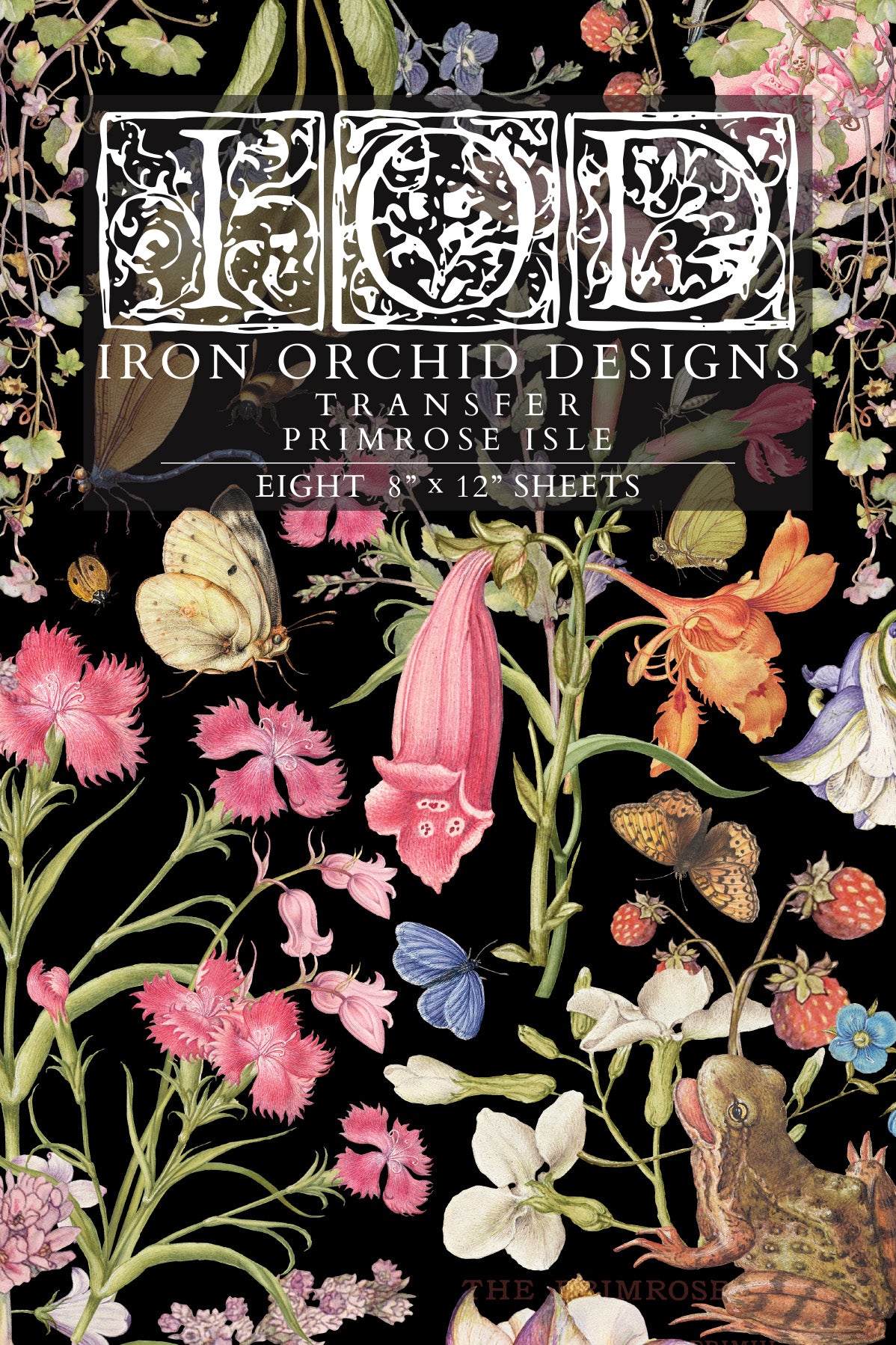 Iron Orchid Designs transfer packaging with floral and butterfly design on a black background from Iron Orchid Designs Primrose Isle Transfer