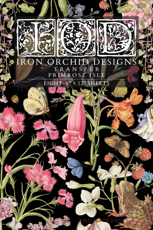 Iron Orchid Designs transfer packaging with floral and butterfly design on a black background from Iron Orchid Designs Primrose Isle Transfer