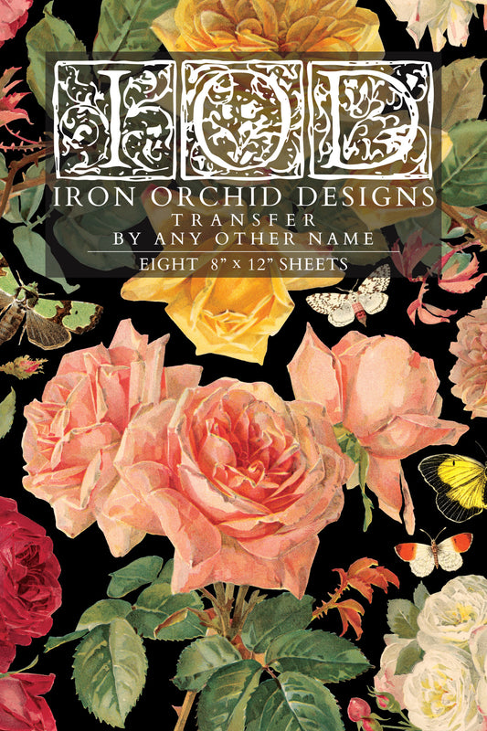 Iron Orchid Designs floral transfer front of packet covered with colourful roses and text on a black background
