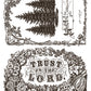 Decorative design with ferns, floral elements, and text 'Trust in the Lord' within an ornate frame by Iron Orchid Designs