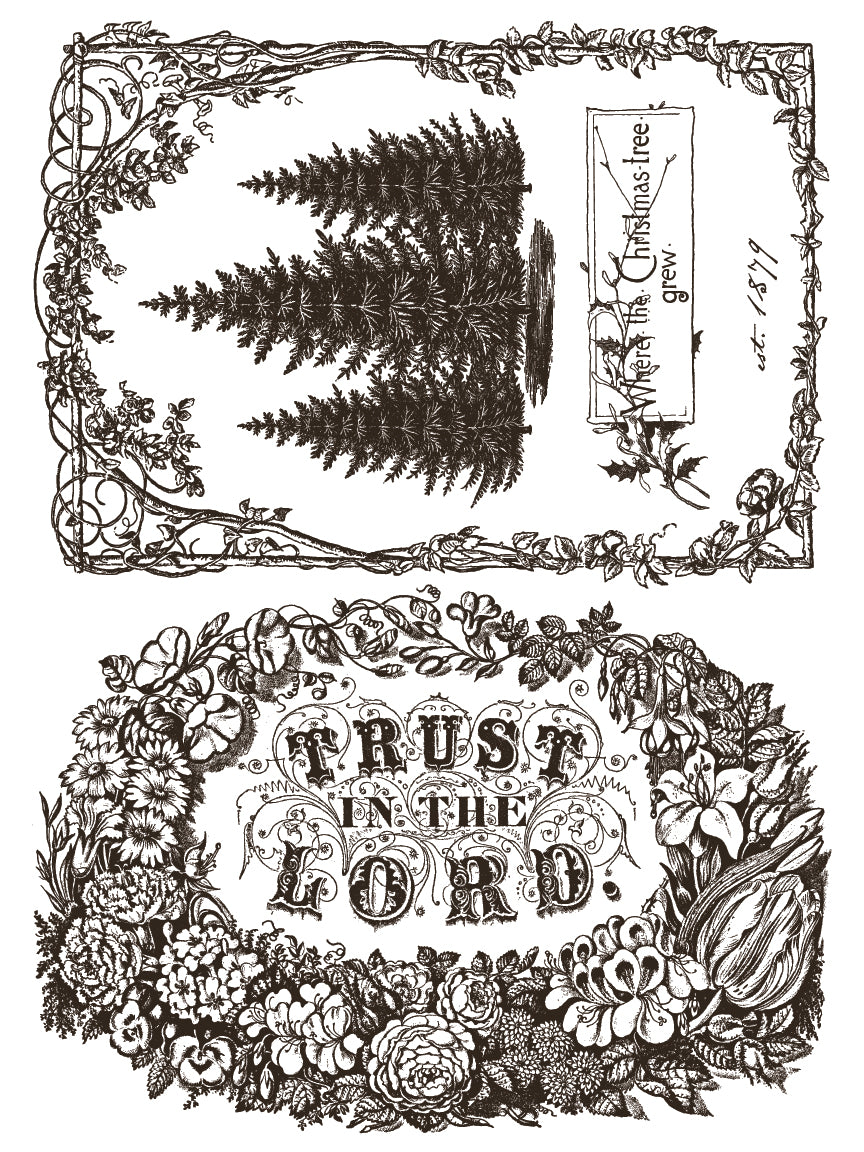Decorative design with ferns, floral elements, and text 'Trust in the Lord' within an ornate frame by Iron Orchid Designs
