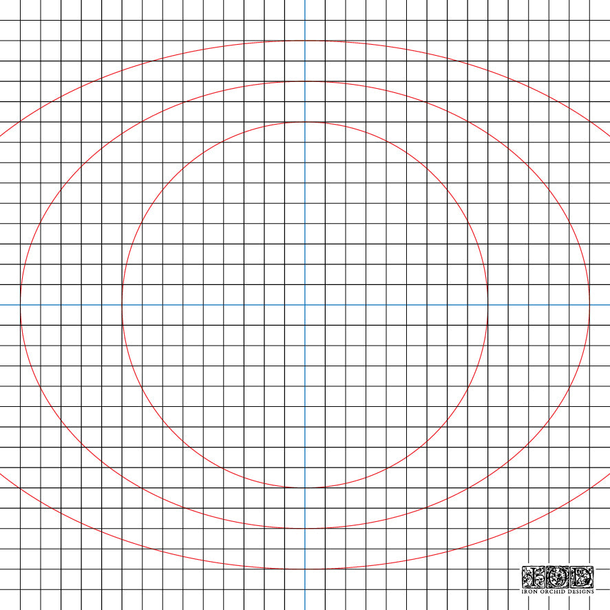 A square grid pattern with fine black lines, red concentric oval guides, and a light blue horizontal center line, plus a small QR code in the bottom-right corner. Mini Thin Mount for Stamping From Iron Orchid Designs