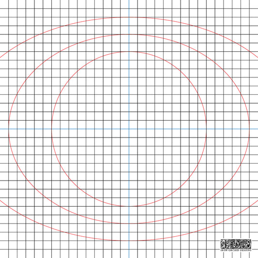 A square grid pattern with fine black lines, red concentric oval guides, and a light blue horizontal center line, plus a small QR code in the bottom-right corner. Mini Thin Mount for Stamping From Iron Orchid Designs