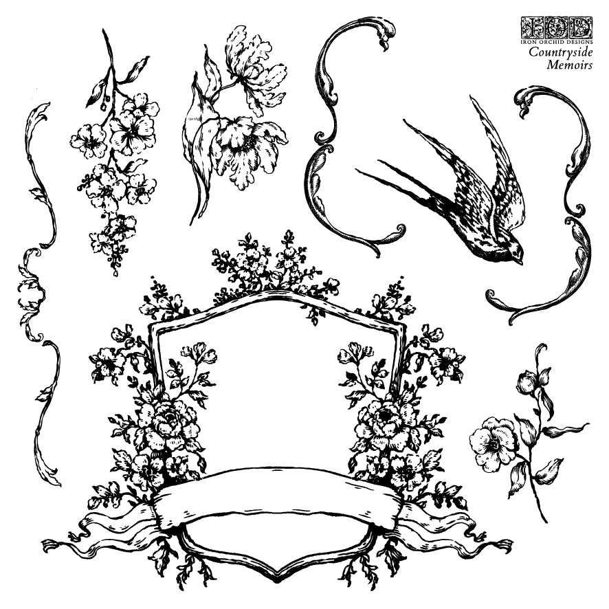 Black on white images of a floral shield, flowers and a bird from Iron Orchid Designs Countryside memoirs