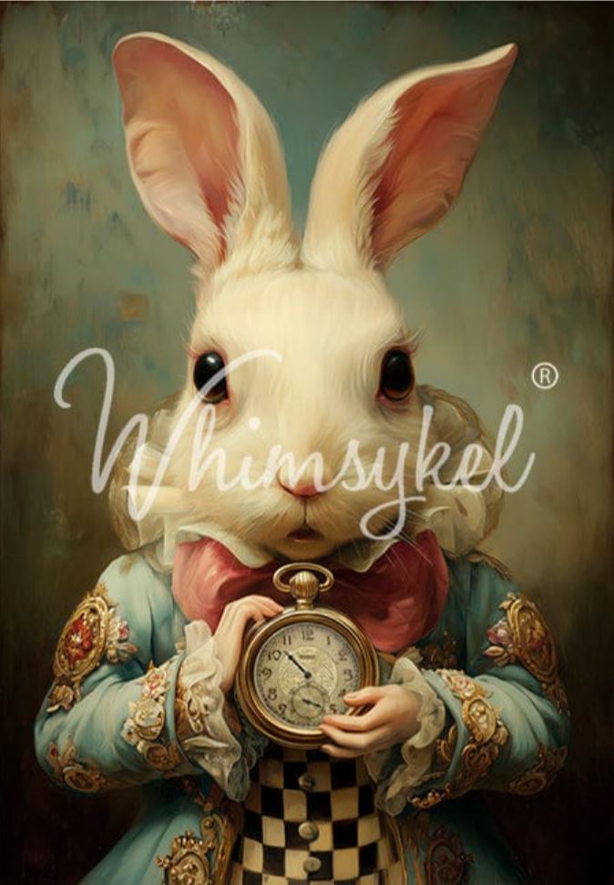 Decorative image of a rabbit character holding a pocket watch with 'Whimsykel' branding.