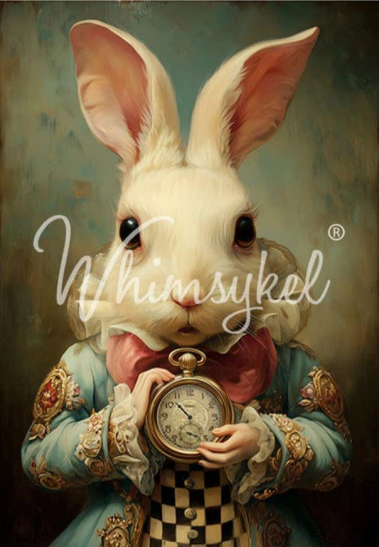 Decorative image of a rabbit character holding a pocket watch with 'Whimsykel' branding.