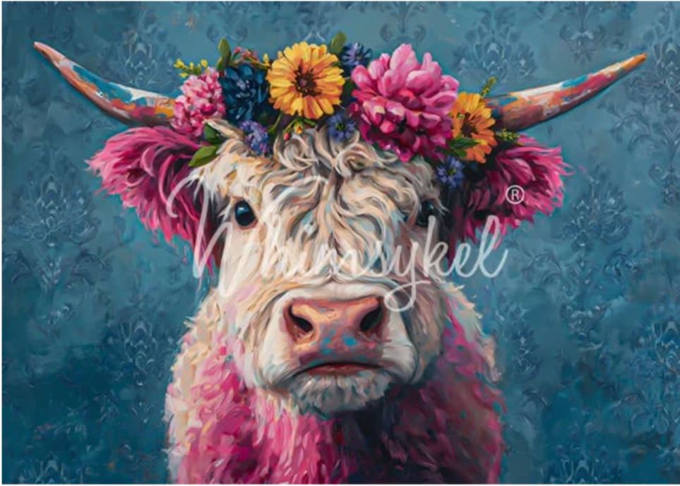 A colorful painting of a highland cow with pink and yellow flowers in its horns, set against a textured blue background. Whimsykel designs.