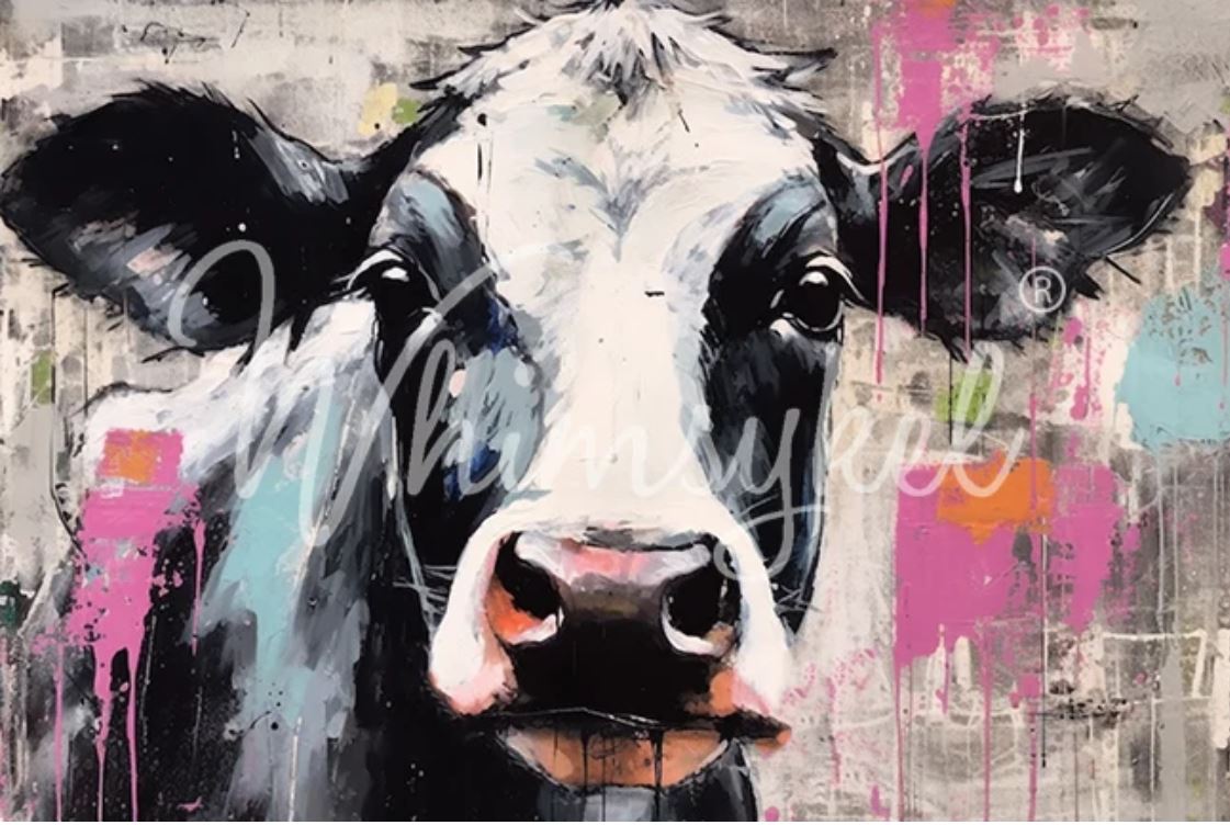 Colorful abstract painting of a cow's face with a textured background Whimsykel designs.