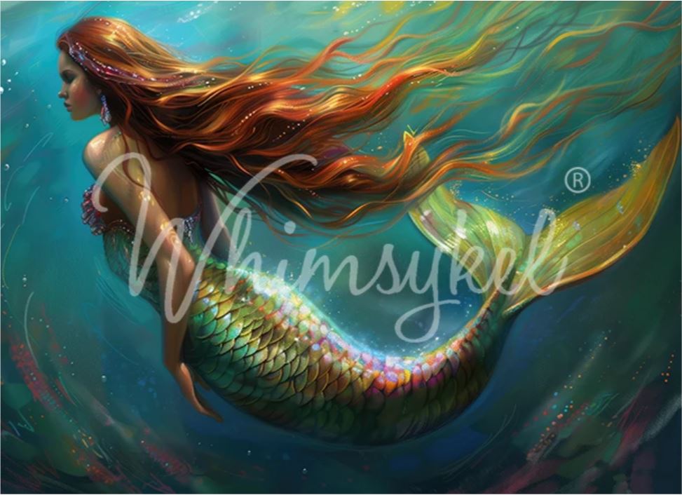 Fantasy artwork of a mermaid underwater with long flowing red-orange hair and a green iridescent tail, overlaid with a large translucent script watermark reading Whimsykel designs.