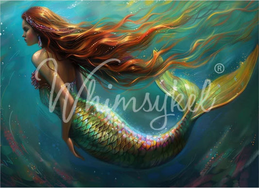 Fantasy artwork of a mermaid underwater with long flowing red-orange hair and a green iridescent tail, overlaid with a large translucent script watermark reading Whimsykel designs.