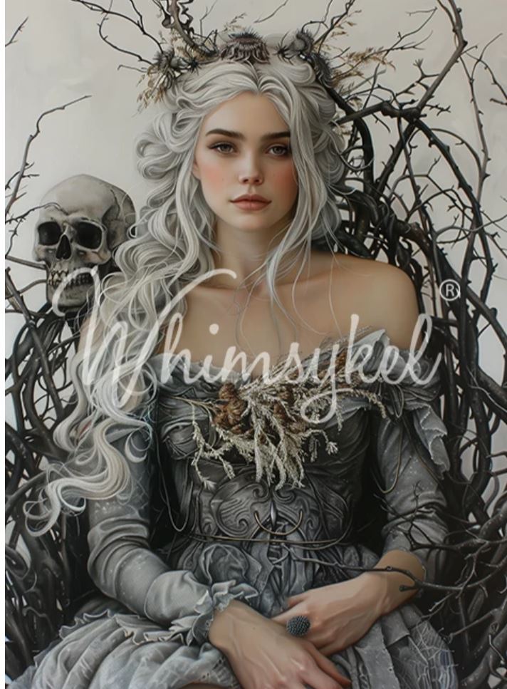Fantasy portrait painting of a woman with long silver-white hair, wearing a gray dress and crown, seated among dark branches with a skull behind her. A large 'Whimsykel' watermark overlays the center. Whimsykel designs.