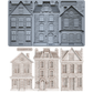 A set of miniature Victorian-style house molds and cutouts, including a gray silicone mold tray at the top and three finished light beige house castings below on a white background. Old Colchester Road mould From Iron Orchid Designs.