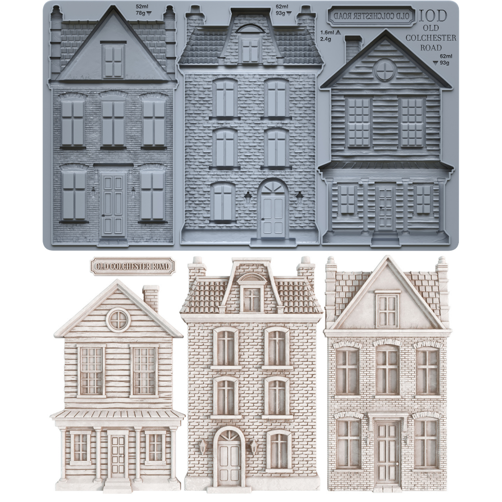 A set of miniature Victorian-style house molds and cutouts, including a gray silicone mold tray at the top and three finished light beige house castings below on a white background. Old Colchester Road mould From Iron Orchid Designs.