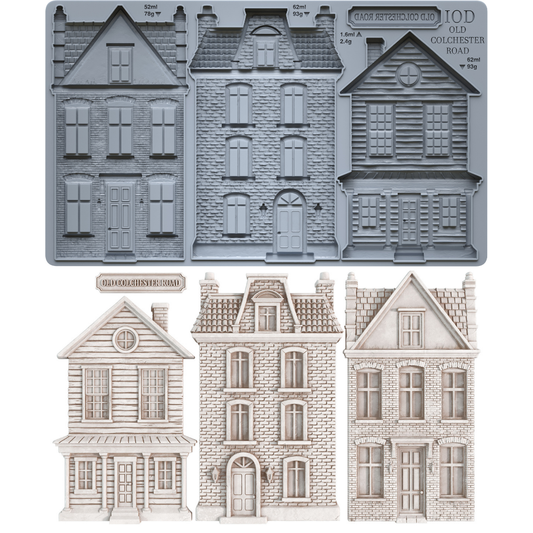 A set of miniature Victorian-style house molds and cutouts, including a gray silicone mold tray at the top and three finished light beige house castings below on a white background. Old Colchester Road mould From Iron Orchid Designs.