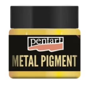 Jar of Pentart gold metal pigment with black lid and yellow body.