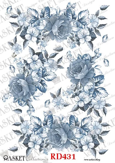 Blue and gray floral temporary tattoo sheet featuring peony and rose designs, with the text 'ASKET collection RD431' at the bottom.