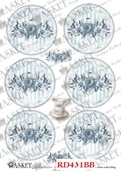 A sheet of decorative paper or transfer design featuring six oval floral motifs in pale blue and gray, arranged on a white background with a small teacup illustration and printed text including 'ASKET Collection' and 'RD431BB'.