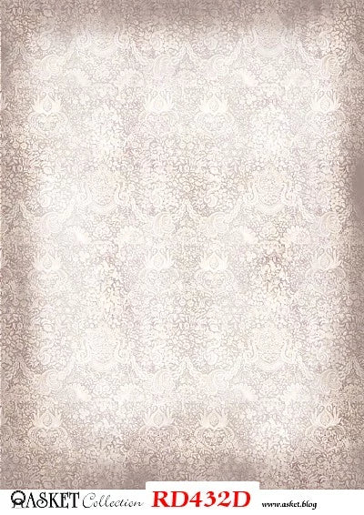 A square vintage damask pattern in beige and cream tones, featuring a subtle textured finish. The bottom of the image has a white border with branding text for 'ASKET Collection' and product code 'RD432D'.